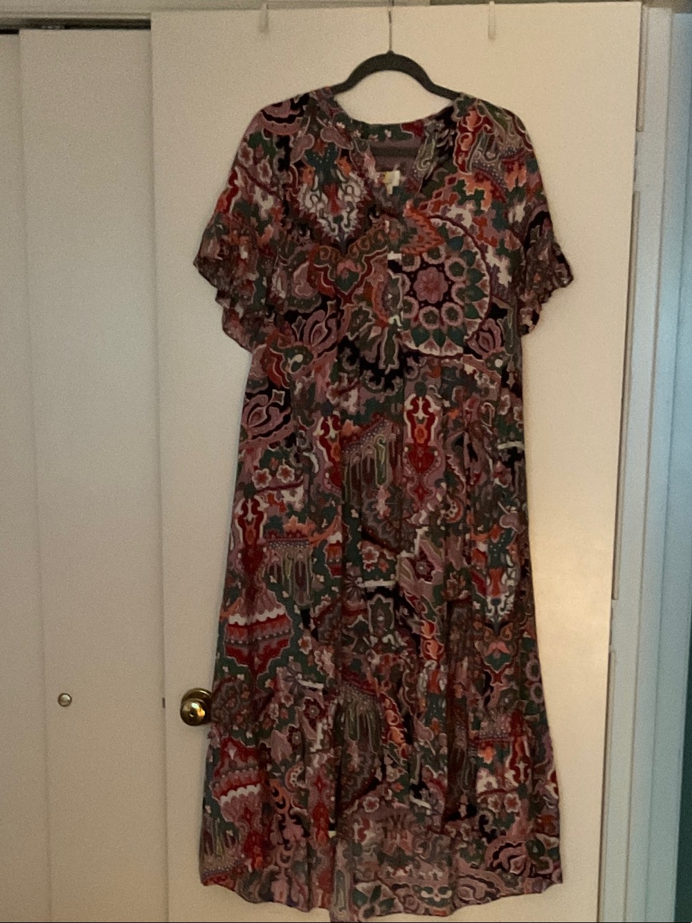 Anthropologie Paisley-Print Midi Dress in Red, Green, Pink